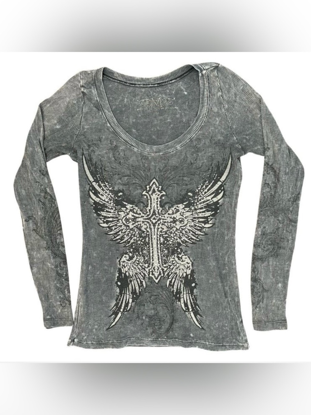 VINTAGE 2000s Women's Grey Grunge Bling Wing
Cross Graphic Long Sleeve Tee Sz M